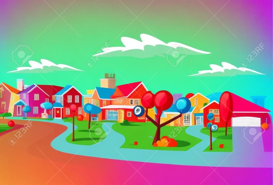 Colorful retro suburb neighborhood. Cartoon city. 