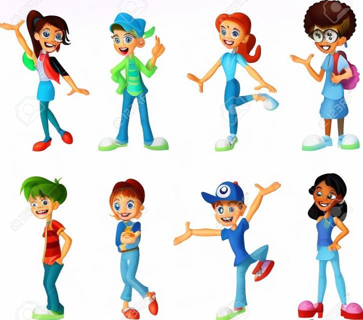 Groep van acht gelukkige cartoon kinderen
