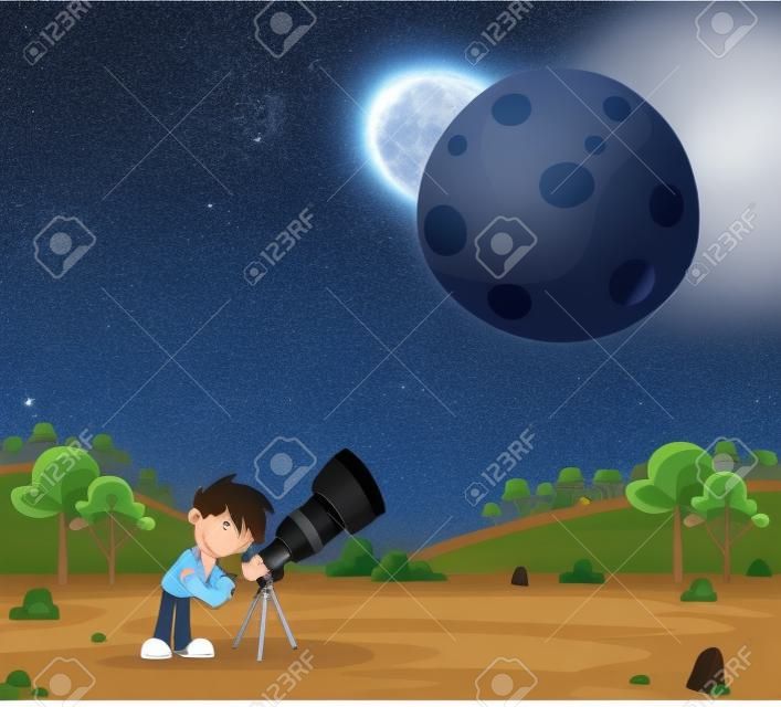 망원경을 사용하여 만화 소년은 달을보고합니다