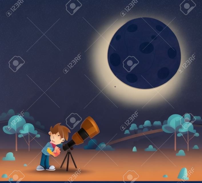 Meninos de desenhos animados usando um telescópio para olhar para a lua