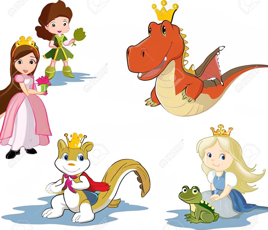 Prinzessinnen und Prinzen mit Comic-Drachen und Frosch