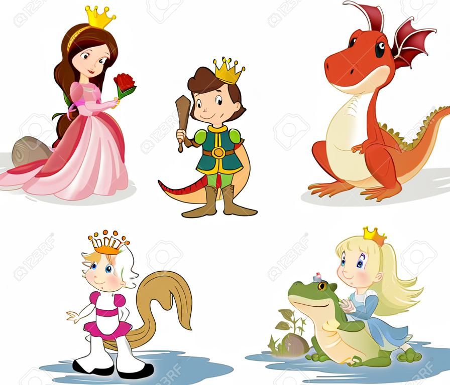 Princesses and princes with cartoon dragon and frog
