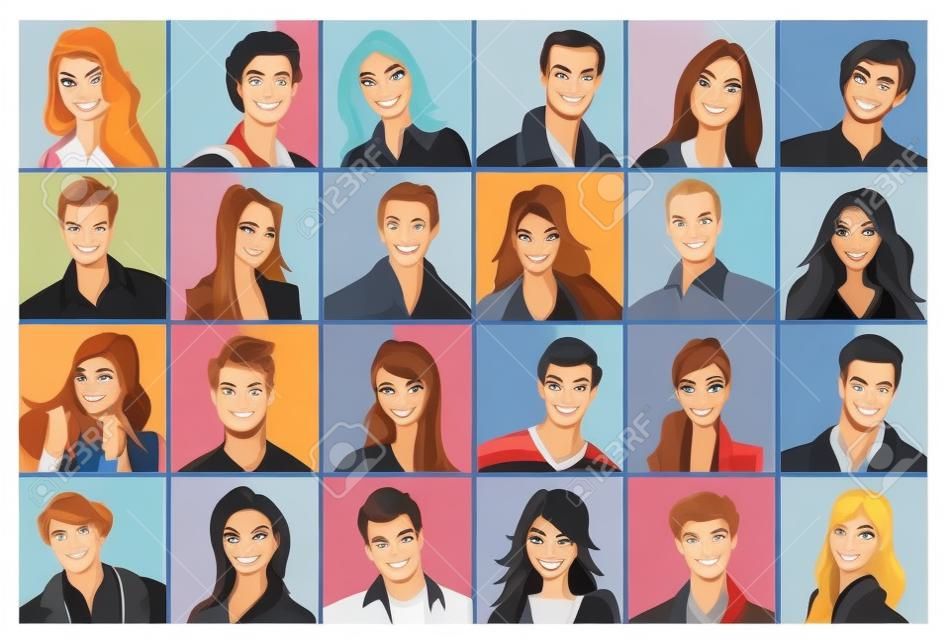 Faces of fashion cartoon young people.