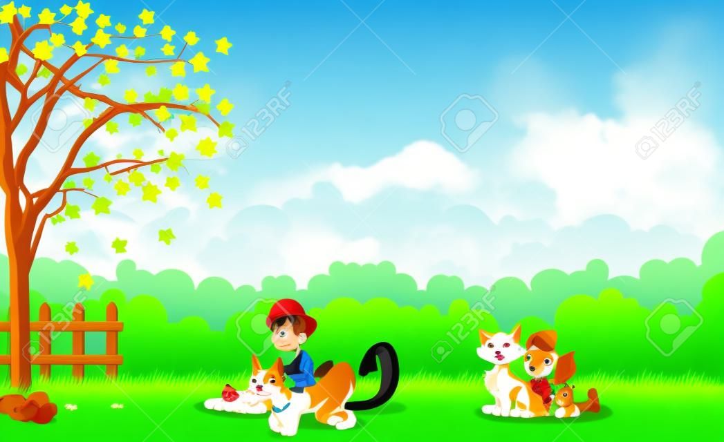 Groen gras landschap met cartoon jongen en meisje met hond en kat