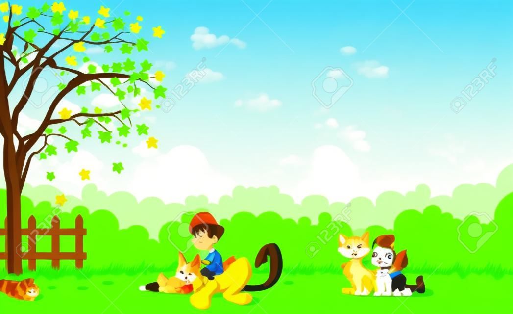 Groen gras landschap met cartoon jongen en meisje met hond en kat