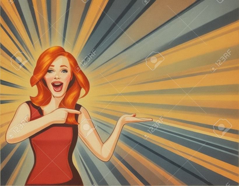 Redhead hermoso retro mujer sorprendida apuntando. el arte de la vendimia.