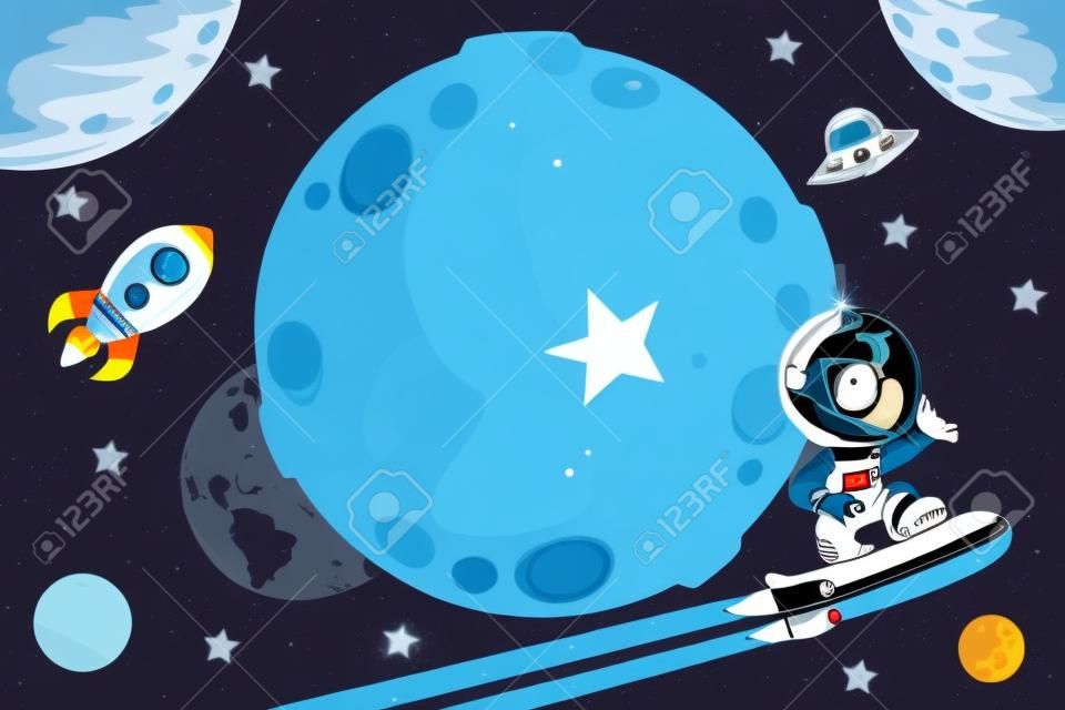 Astronauta cartone animato ragazzo battenti nello spazio con un futuristico bordo razzo skate.
