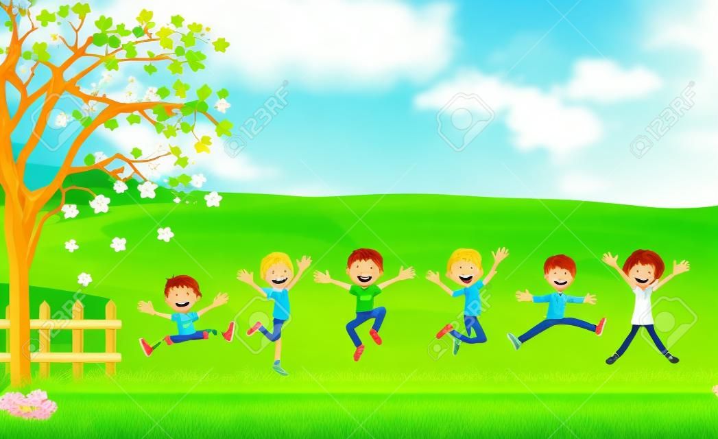 Green grass landscape with cute cartoon kids.