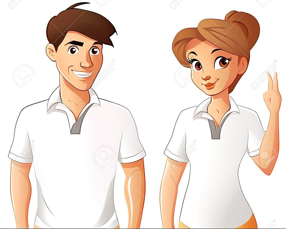 Couple of cartoon young people wearing white polo shirt.