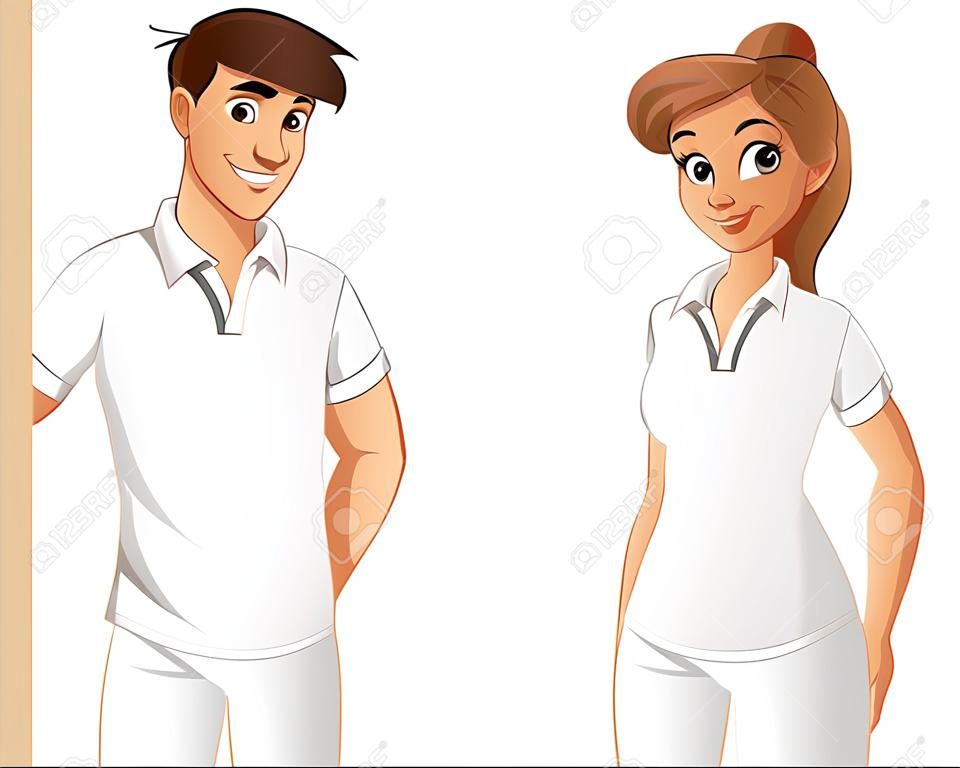 Couple of cartoon young people wearing white polo shirt.