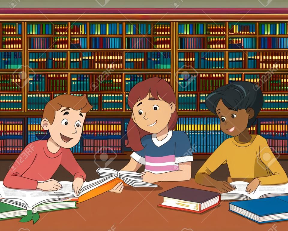 有书的动画片少年学生在大图书馆。孩子们学习。