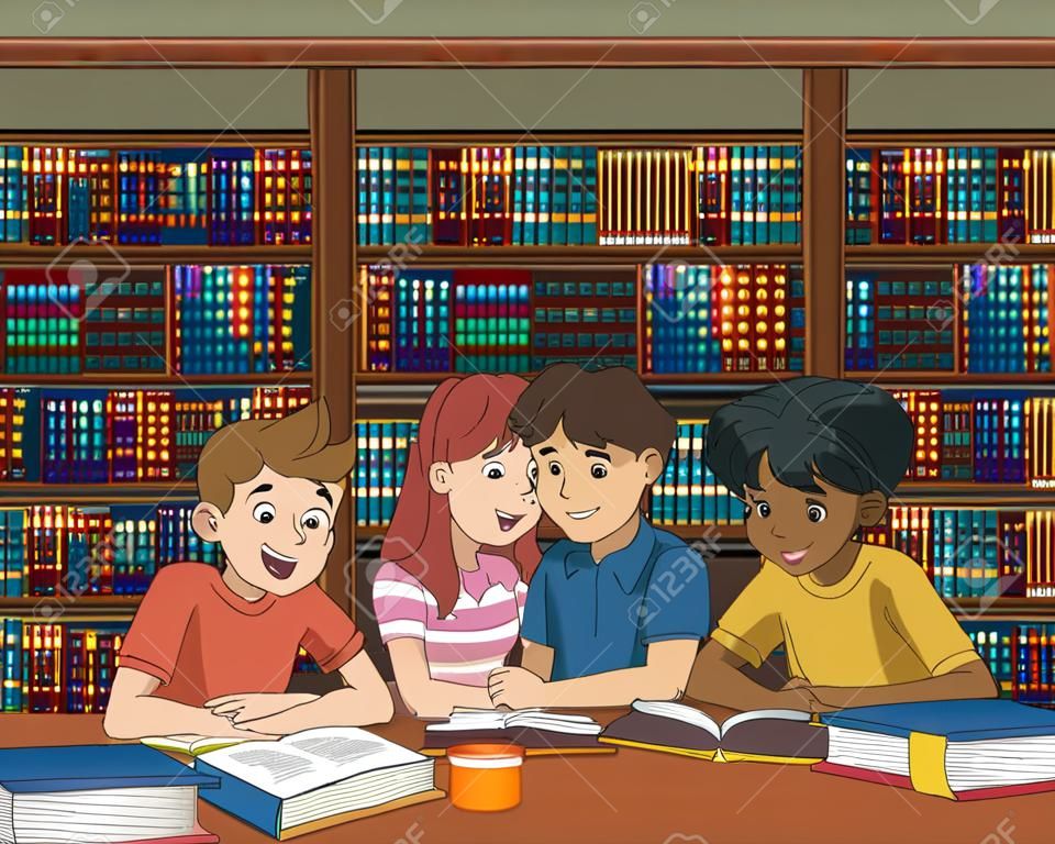Estudiantes adolescentes de dibujos animados con libros en la gran biblioteca. Niños estudiando.