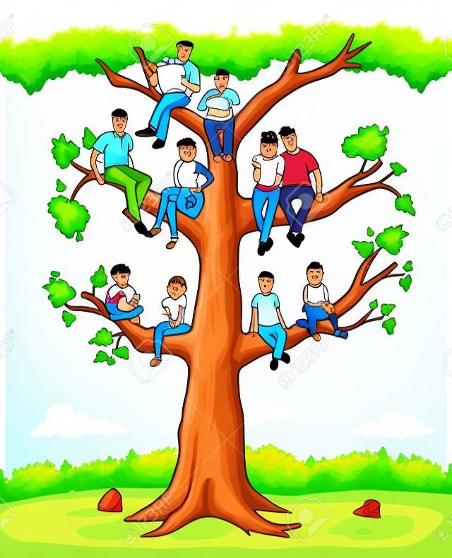 Familieboom met mensen, cartoon familie op genealogische boom.