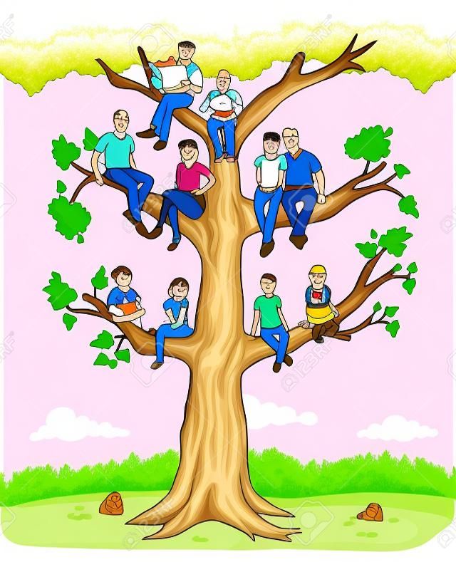 Árvore genealógica com pessoas. Família dos desenhos animados na árvore genealógica.