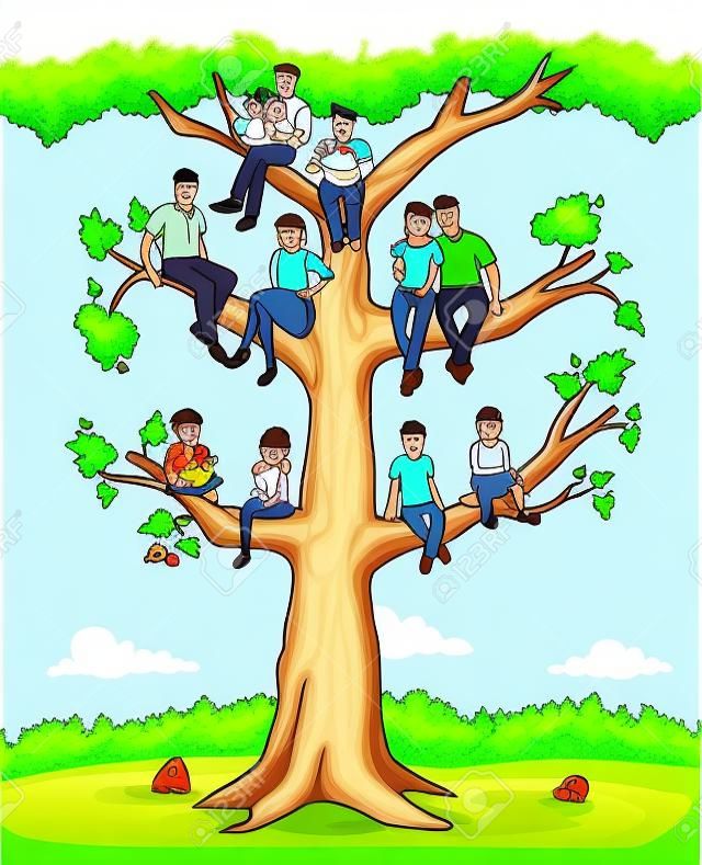 Árvore genealógica com pessoas. Família dos desenhos animados na árvore genealógica.