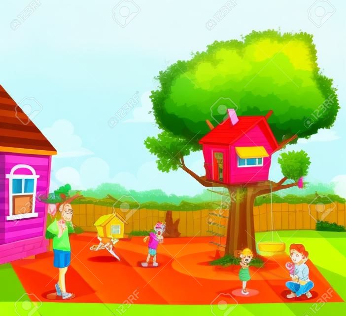Cartoon family on the backyard of a colorful house in suburb neighborhood. Tree house on the backyard.
