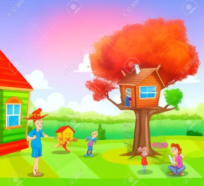 Familia de dibujos animados en el patio trasero de una casa colorida en un barrio residencial. Casa del árbol en el patio trasero.