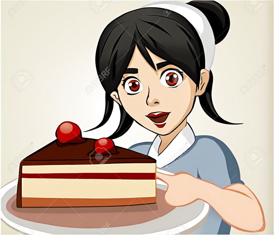 Mujer de dibujos animados sosteniendo una rebanada de pastel de cumpleaños en un plato.