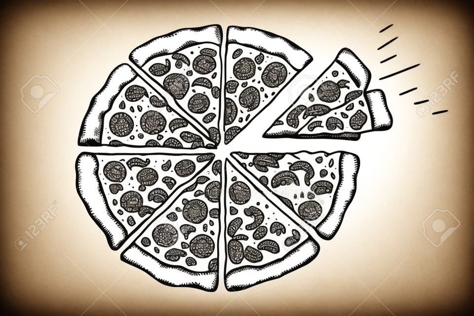 Vintage handgezeichnete Skizze Pizza-Vektor-Illustration. Gravierter Stil mit Schwarz und Weiß
