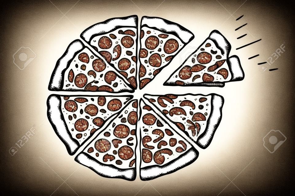 Illustration vectorielle de pizza croquis dessinés à la main vintage. Style gravé en noir et blanc