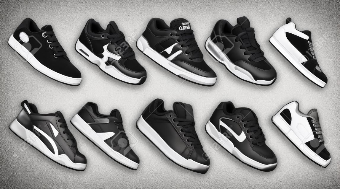 Collection set of sneakers running, walking, shoes, style backgrounds in black and white color