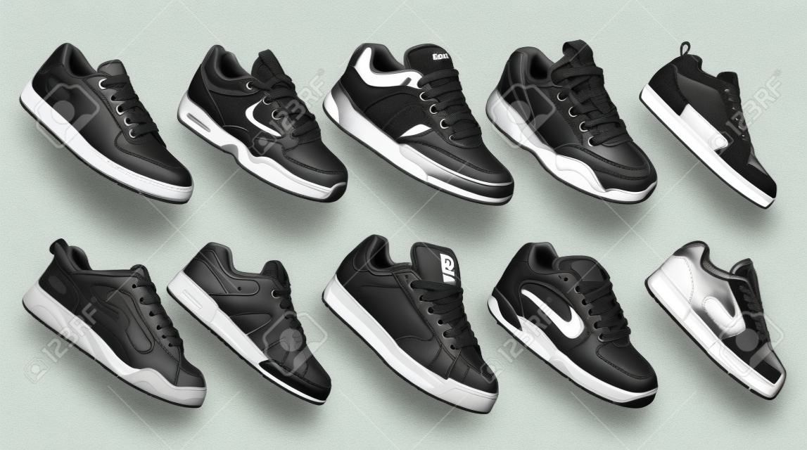 Conjunto de coleção de tênis correndo, andando, sapatos, estilo fundos na cor preto e branco