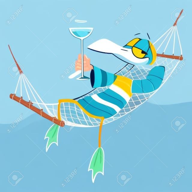 Cartoon meeuw ontspannen in een hangmat en genieten van zijn drank vector illustratie