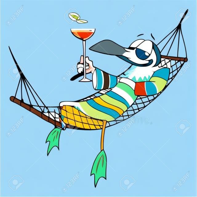 Mouette de dessin animé se détendre dans un hamac et profiter de son illustration vectorielle de boisson