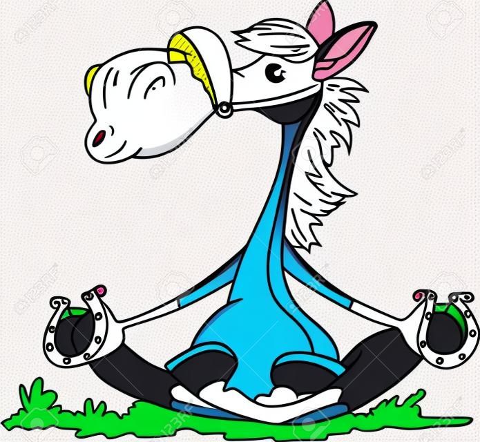 Cartone animato cavallo seduto nella posizione del loto che fa yoga illustrazione vettoriale