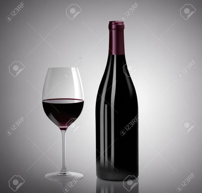 Verre de vin rouge et une bouteille sur fond blanc