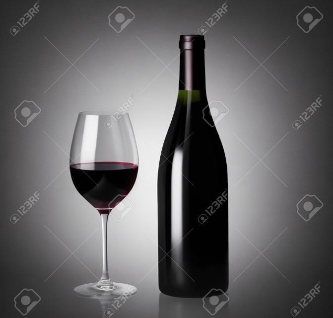 Bicchiere di vino rosso e una bottiglia su sfondo bianco