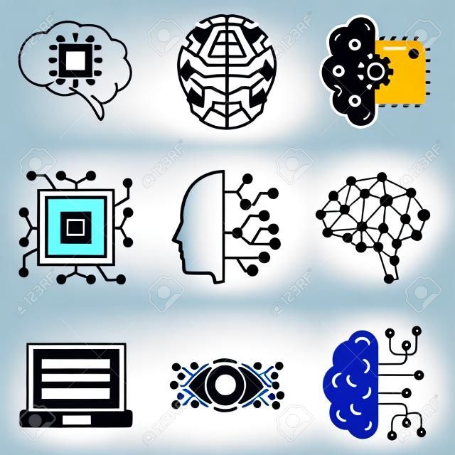 Conjunto de vetores de ícone AI. Coleção de sinais de ilustração de inteligência artificial. símbolo de tecnologia.