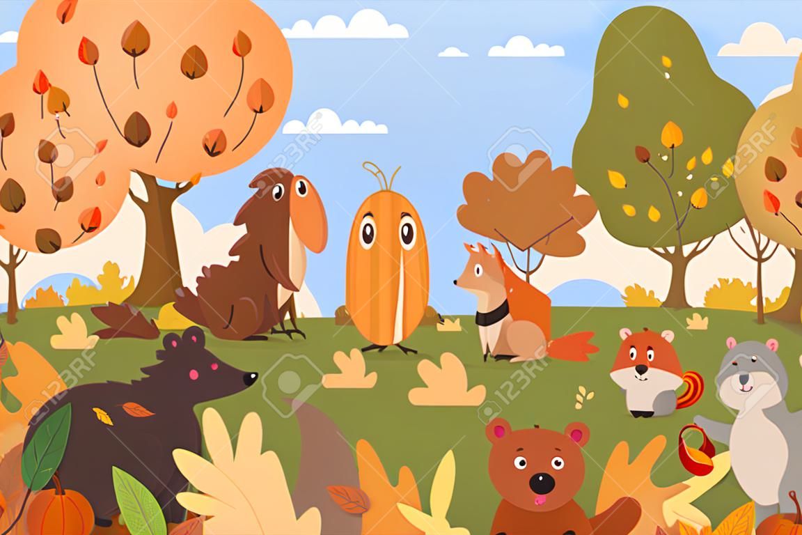 Dieren in herfstbos. Cartoon platte grappige dierlijke personages genieten herfst tijd samen, schattig bos wilde natuur landschap achtergrond