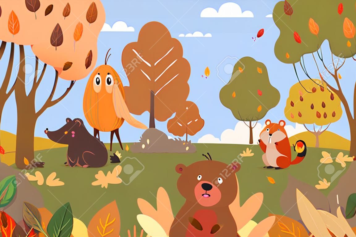 Dieren in herfstbos. Cartoon platte grappige dierlijke personages genieten herfst tijd samen, schattig bos wilde natuur landschap achtergrond