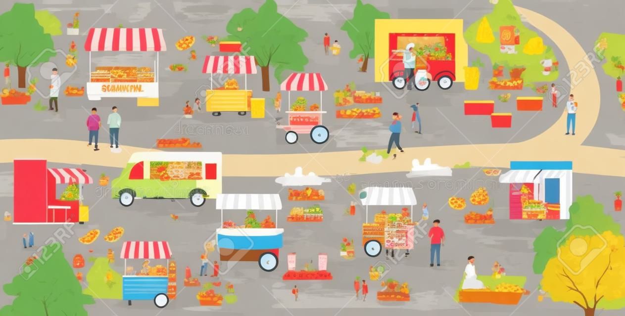 Puestos de quiosco de comida callejera en el mercado, evento festivo en la ilustración vectorial del parque de la ciudad. Mapa de dibujos animados de verano, agricultores locales que venden frutas, la gente se divierte, compra pizza, helado, palomitas de maíz, comida rápida