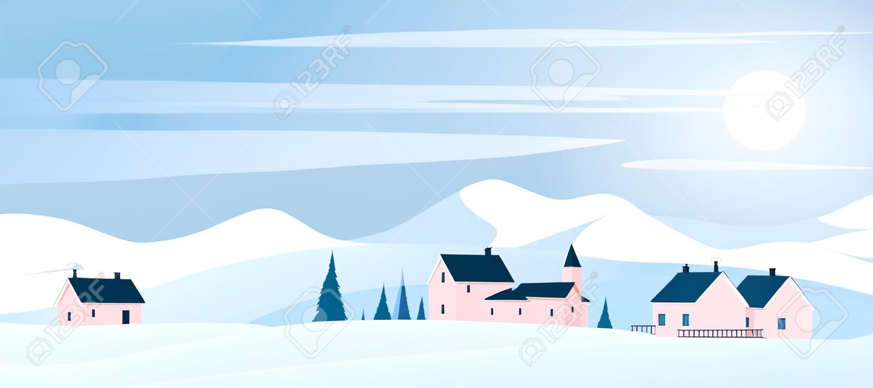 Winter Christmas countryside landscape with mountains and hills covered with snow vector illustration. Cartoon sunny nature scenery with houses of European village, forest and trees in simple design