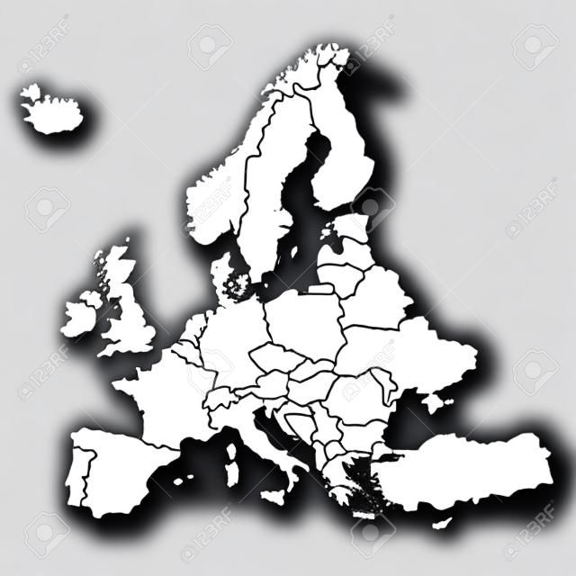 Mapa em branco da Europa com países. Mapa branco da Europa isolado no fundo cinza. Ilustração vetorial