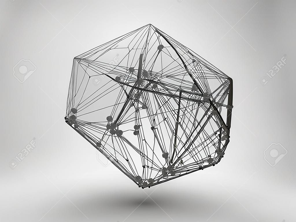 Icosaedro com linhas e pontos conectados. Elemento de movimento de malha poligonal Wireframe. Conceito de conexão. Fundo de tecnologia.