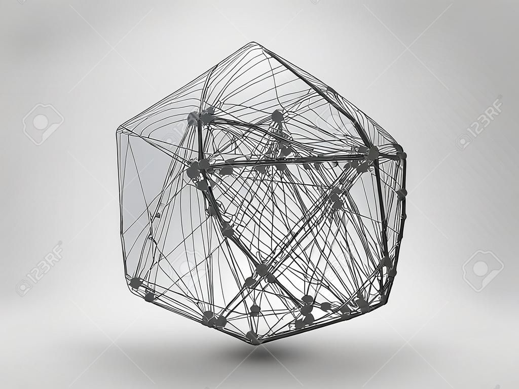 Icosaedro com linhas e pontos conectados. Elemento de movimento de malha poligonal Wireframe. Conceito de conexão. Fundo de tecnologia.