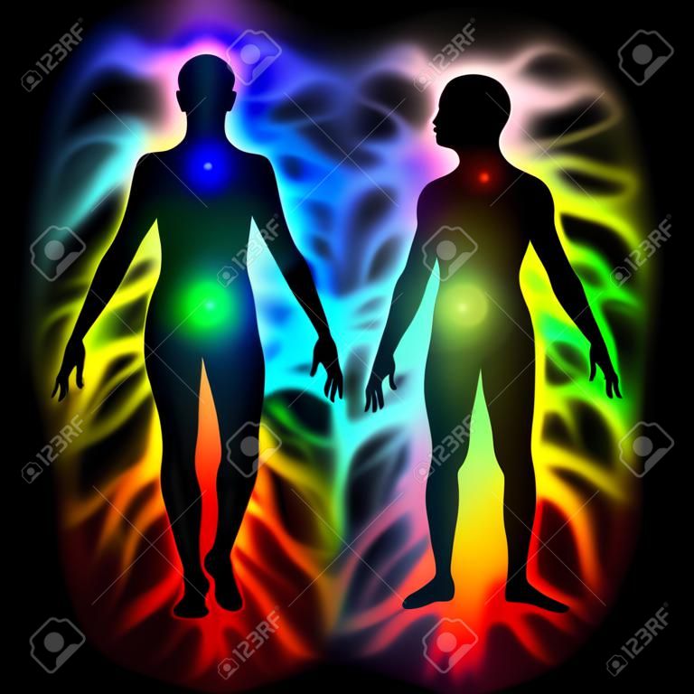 Aura, heilende Energie, außersinnliche Wahrnehmung - Mann und Frau Silhouette