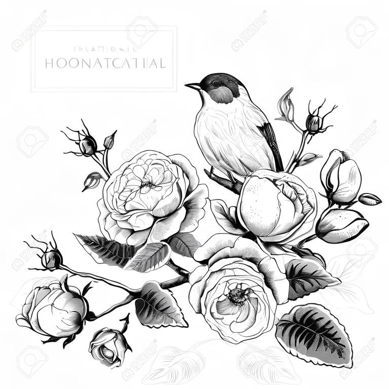 Cartão floral botânico preto e branco no estilo vintage com flores e pássaros ingleses, ilustração vetorial