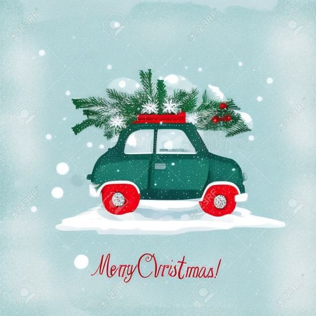 赤いレトロな車、クリスマス ツリー、ビンテージ ベクトル メリー クリスマスと幸せな新年イラストを冬のグリーティング カード