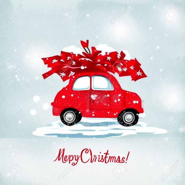 빨간색 레트로 자동차, 크리스마스 트리, 빈티지 벡터 메리 크리스마스, 해피 뉴 일러스트와 함께 겨울 인사말 카드