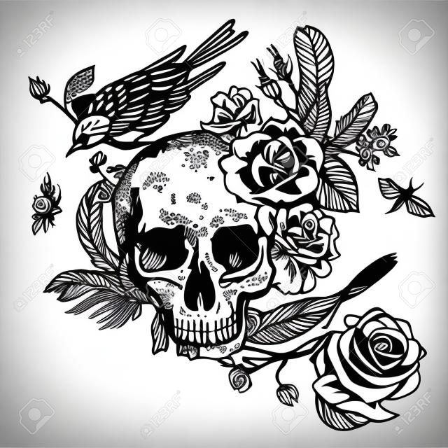 Schedel met bloemen, rozen, vogels en veren Zwarte en witte vector illustratie, tatoeage ontwerp