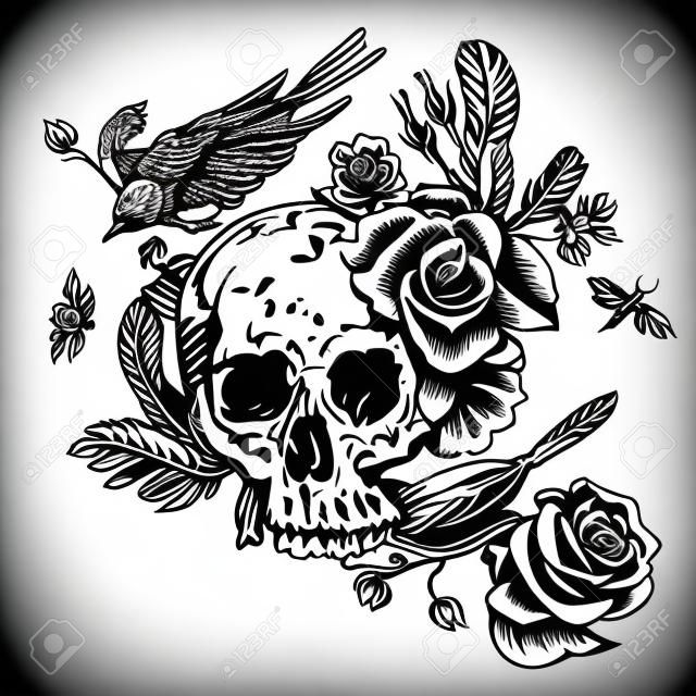 Schedel met bloemen, rozen, vogels en veren Zwarte en witte vector illustratie, tatoeage ontwerp