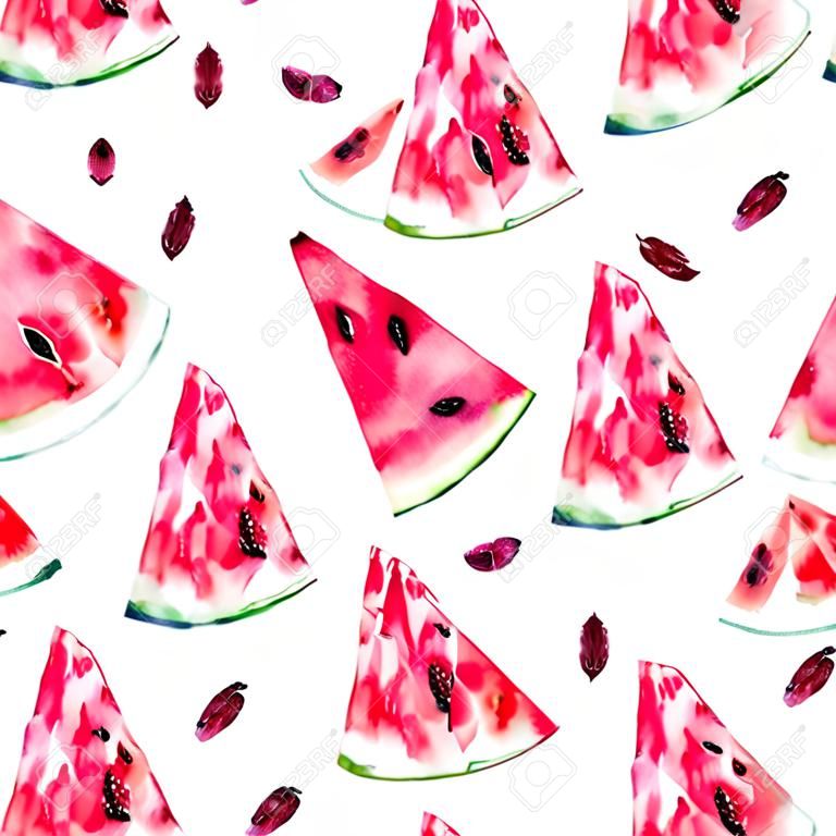 Exotische Sommer Aquarell nahtlose Muster mit Scheiben Wassermelone, natürliche Darstellung auf weißem Hintergrund