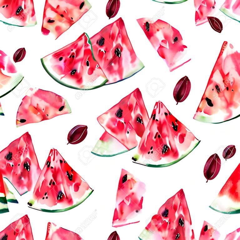 Exotic summer watercolor seamless pattern with slices of watermelon, natural illustration on white background