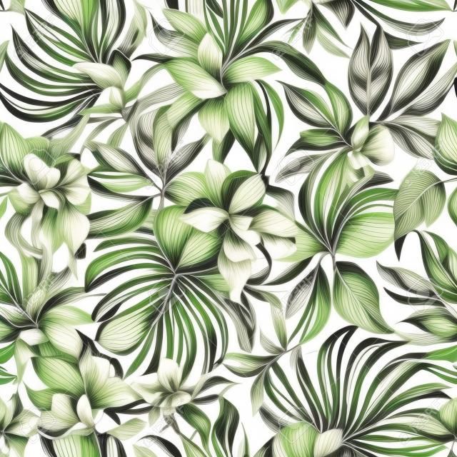 자연 꽃 나뭇잎 이국적인 벡터 원활한 패턴, 단색 꽃 난초, 흑백 열 대 나뭇잎, 흰색 배경에 식물 여름 그림