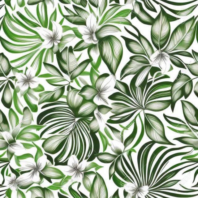 자연 꽃 나뭇잎 이국적인 벡터 원활한 패턴, 단색 꽃 난초, 흑백 열 대 나뭇잎, 흰색 배경에 식물 여름 그림