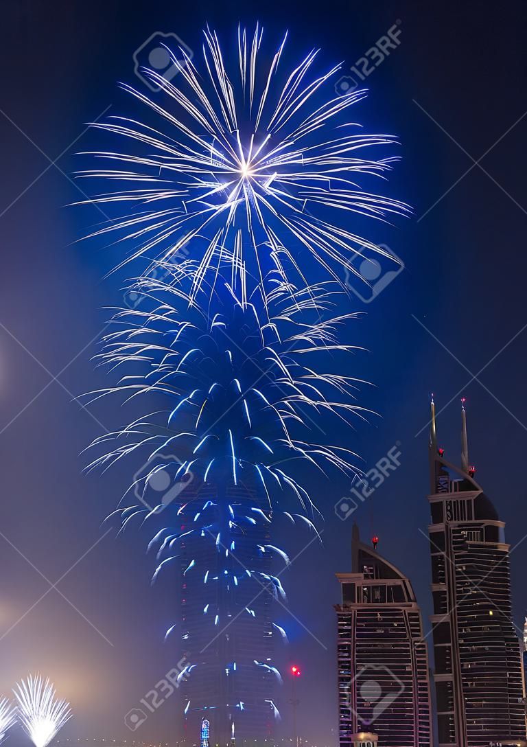 over one million people watching new year fireworks show series at world\'s tallest tower Burj Khalifa in Dubai United Arab Emirates UAE